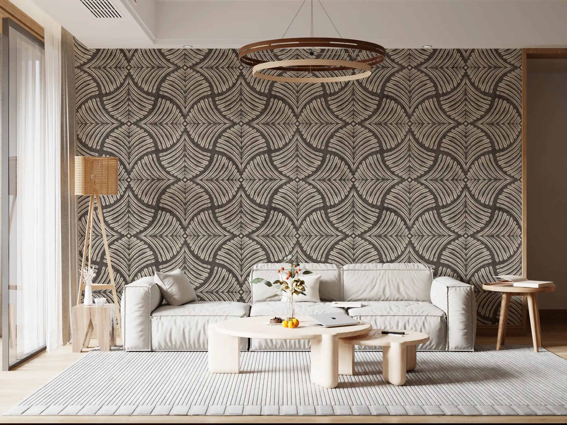 Lounge styling builds around fan-motif wallpaper in cream and deep charcoal.