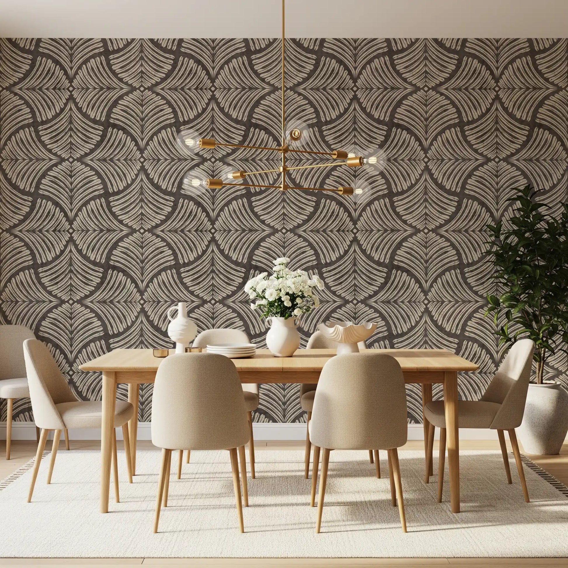 Texture and pattern combine in this charcoal-cream Japandi wallpaper.