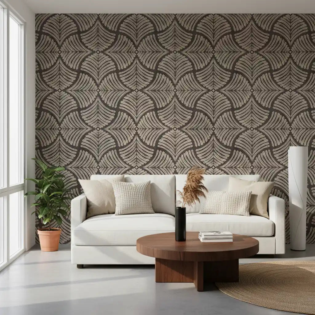 Charcoal Japandi fan wallpaper bringing pattern depth to a calm living room., GD9641