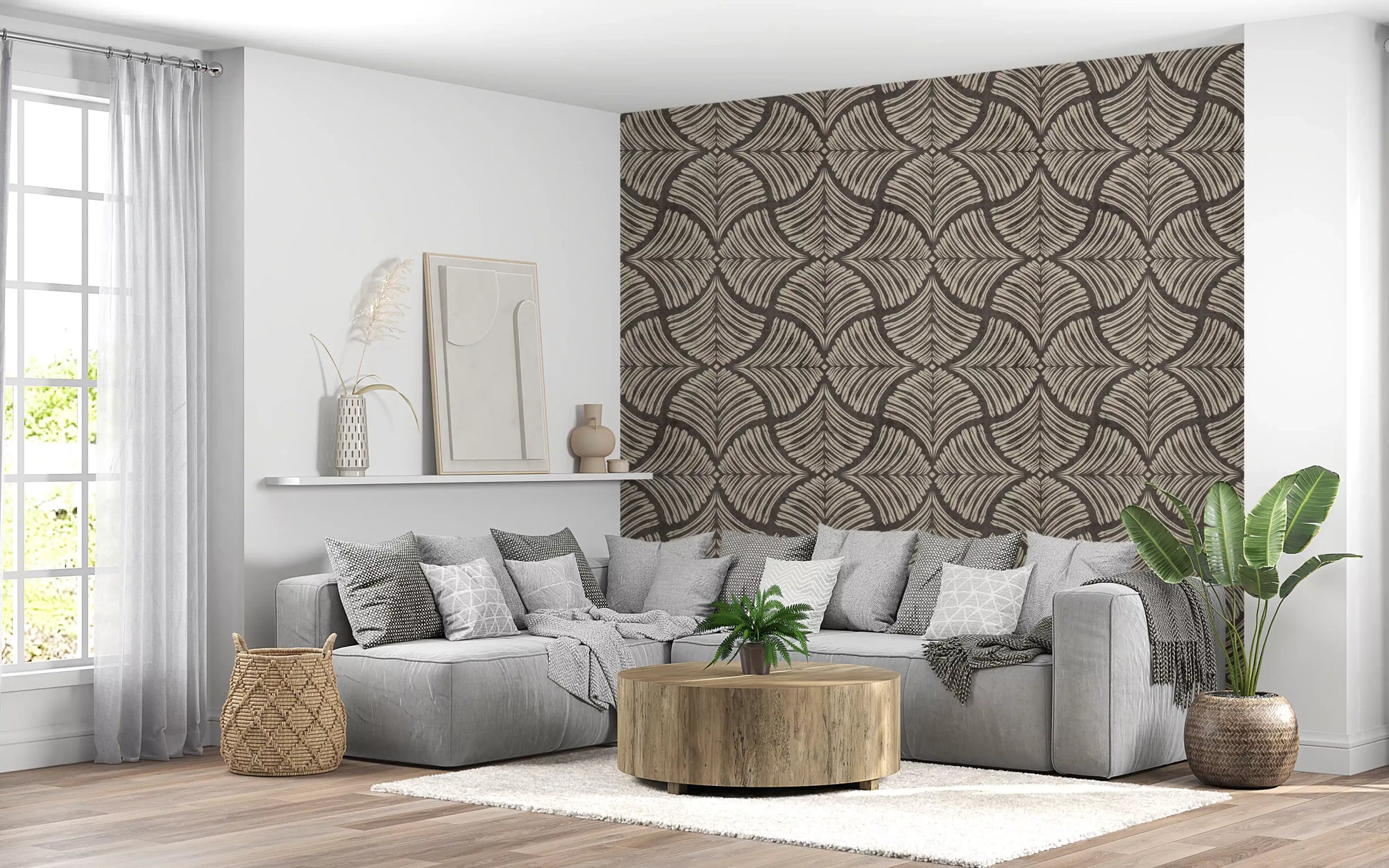 A restful lounge area mood from textured scallop fan wallpaper with warm cream curves.