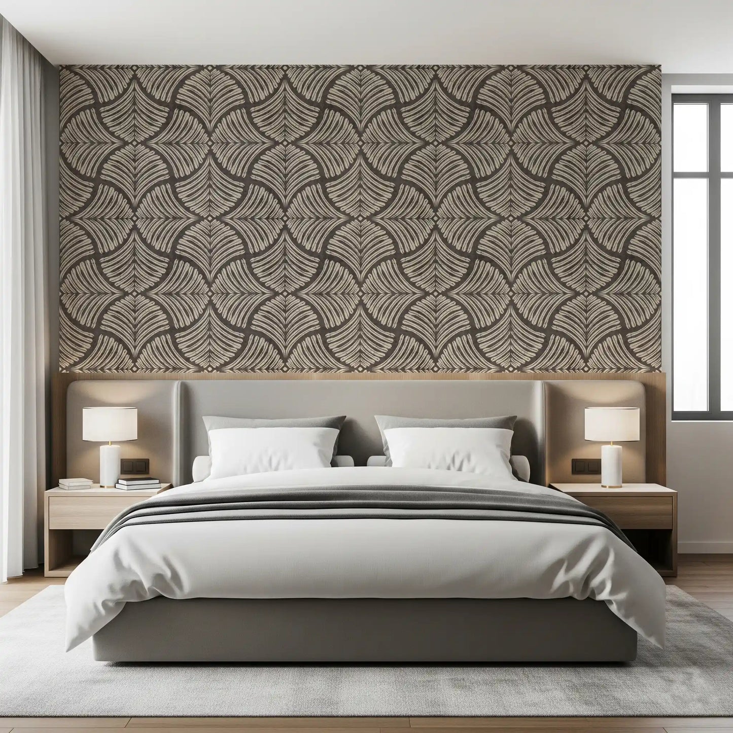 Cream scallop fans tile a charcoal base in this Japandi wallpaper.