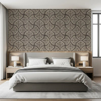 Cream scallop fans tile a charcoal base in this Japandi wallpaper.