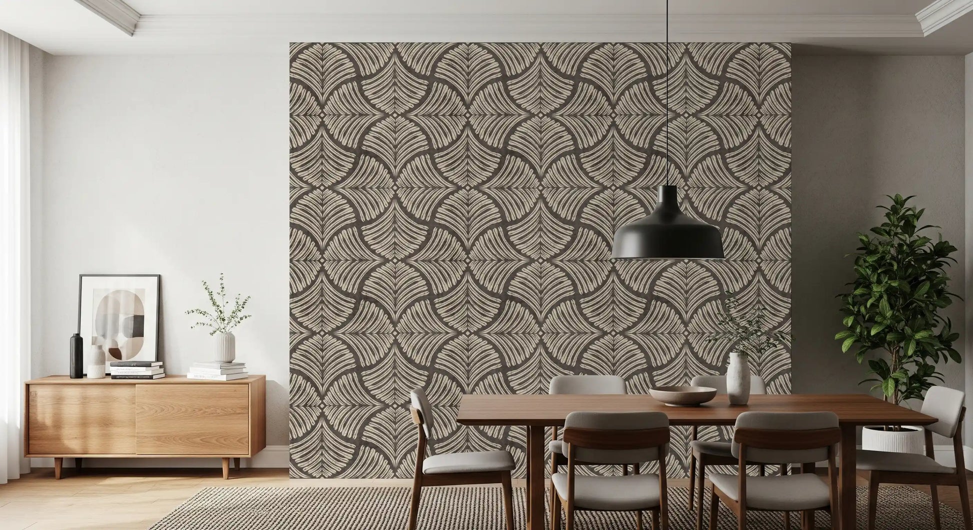 Painterly curves arc gently against gritty dark ground on this wallpaper.