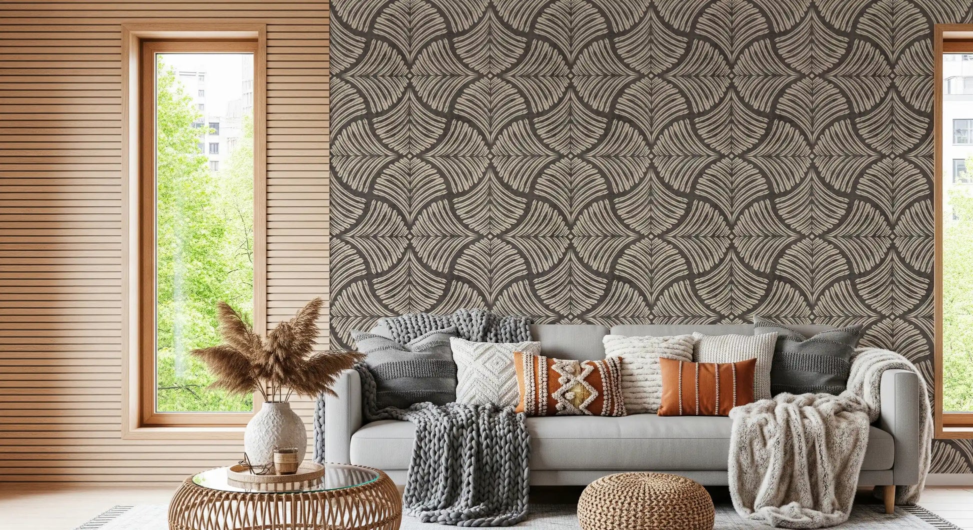Bright living room moment paired with textured scallop fan wallpaper accents.
