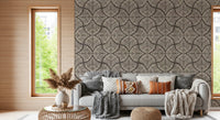 Bright living room moment paired with textured scallop fan wallpaper accents.
