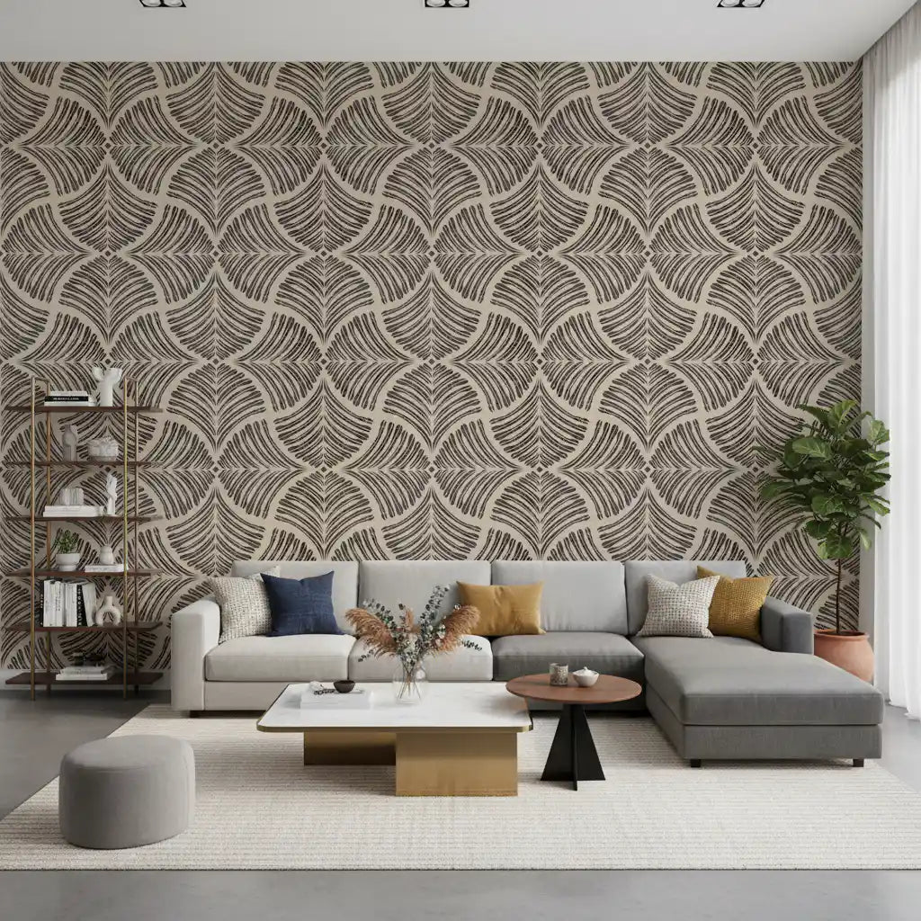 Dark brown textured scallops fan motif deepens a Living room with this Japandi wallpaper.