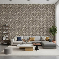 Dark brown textured scallops fan motif deepens a Living room with this Japandi wallpaper.