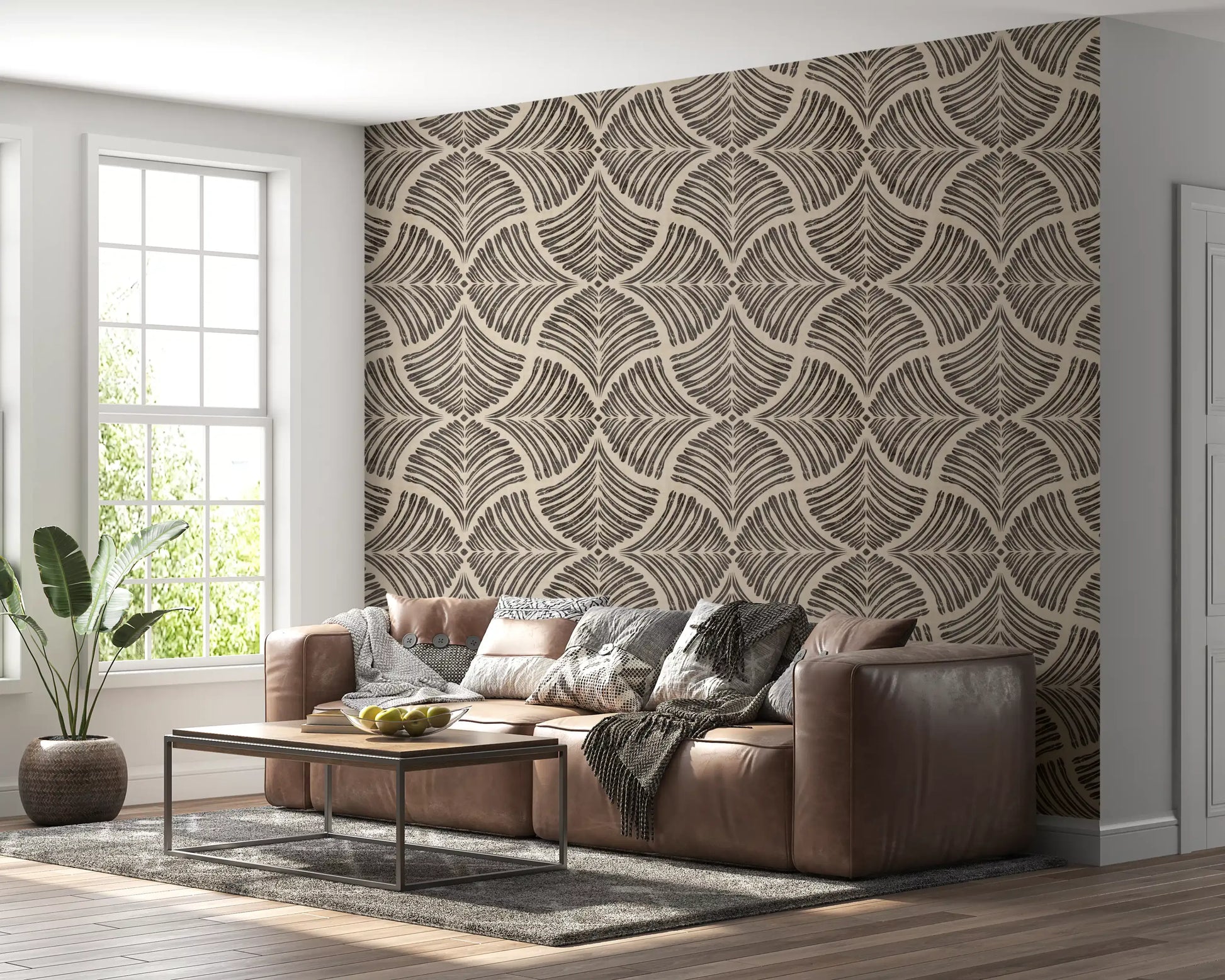 Charcoal scallops fan motifs root a living room in this dark brown Japandi wallpaper.