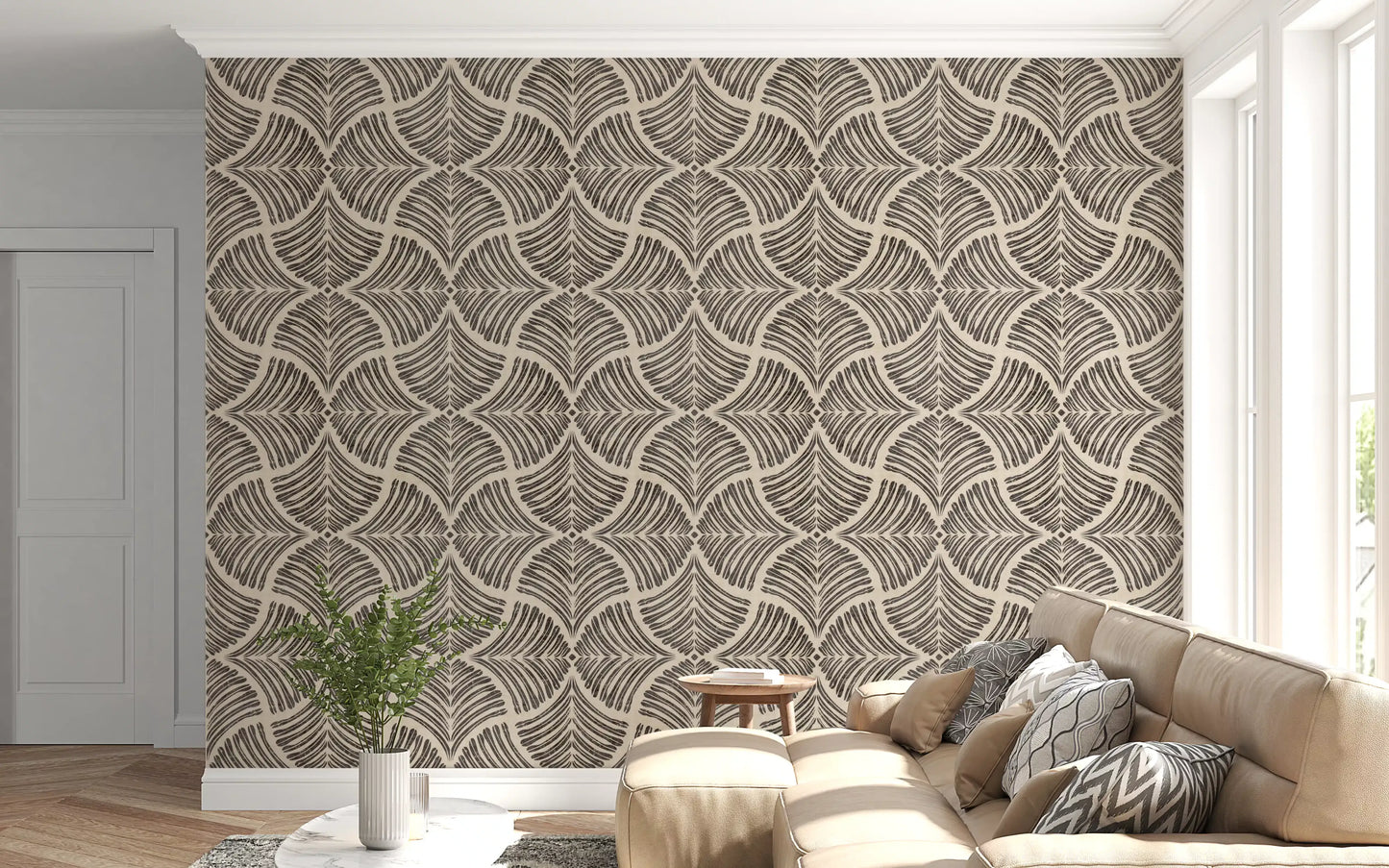 Sepia scallops fan motifs span this Japandi textured minimalist wallpaper.