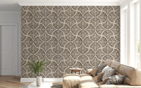 Sepia scallops fan motifs span this Japandi textured minimalist wallpaper.