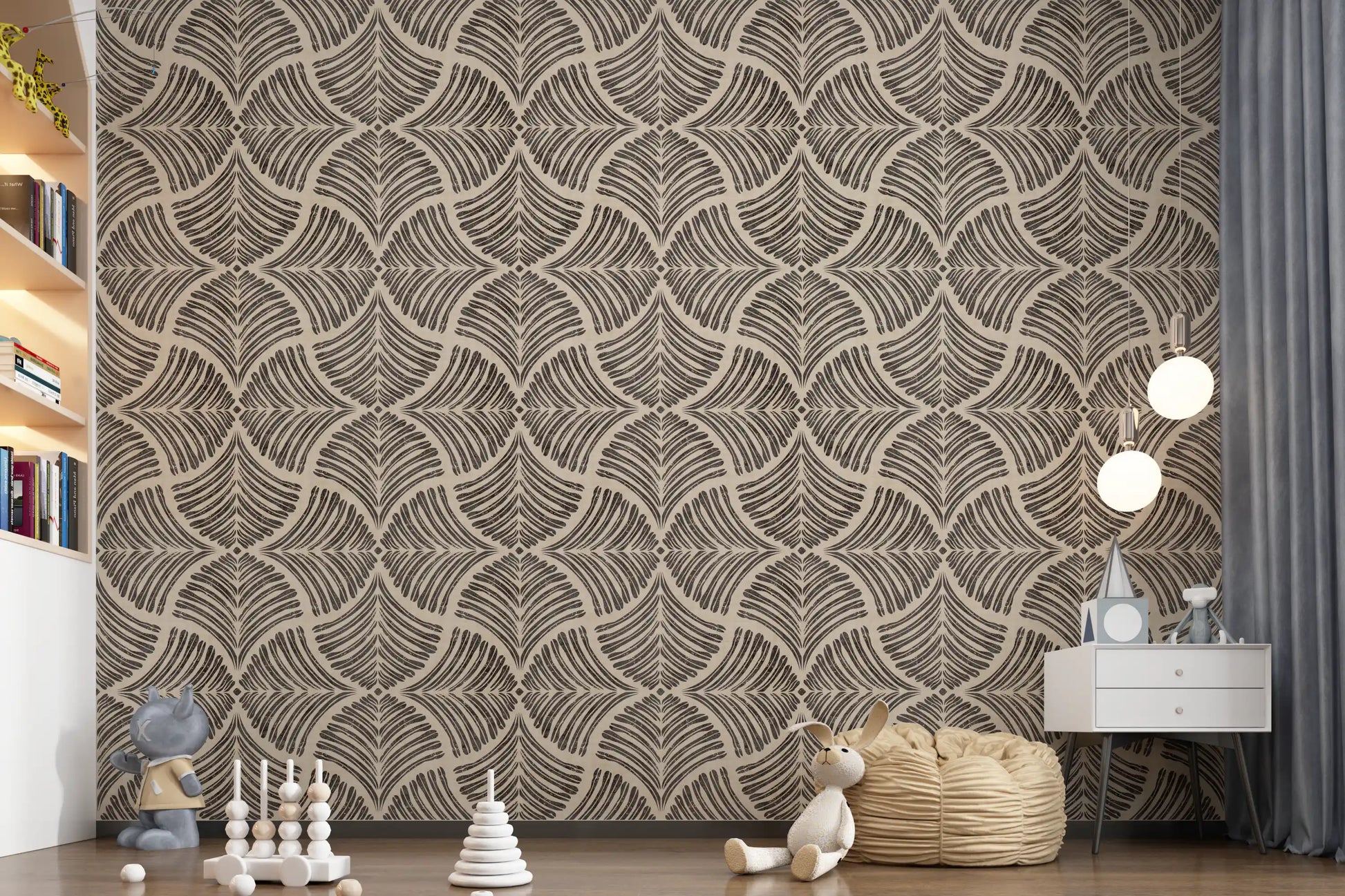 A Nursery area looks bolder with this dark brown scallops fan Japandi wallpaper.
