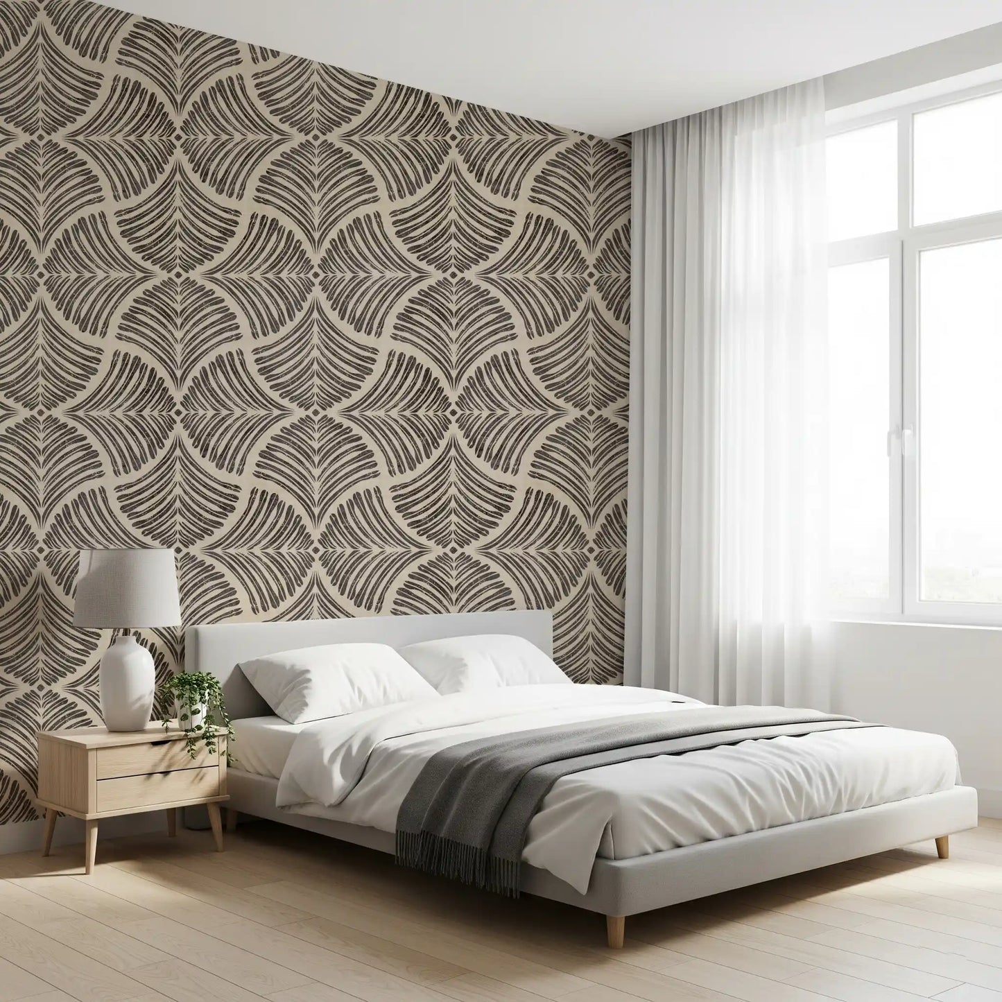A Bedroom owns a moody edge with this dark brown textured scallops fan wallpaper.