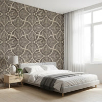 A Bedroom owns a moody edge with this dark brown textured scallops fan wallpaper.