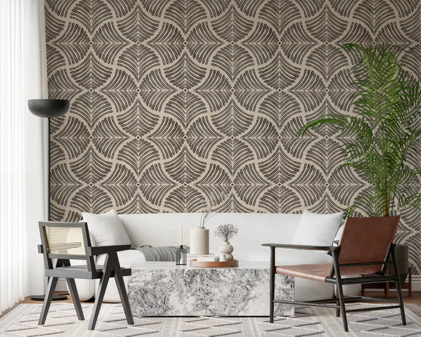 Textured scallops fan motifs dramatize a living room in dark brown Japandi wallpaper.