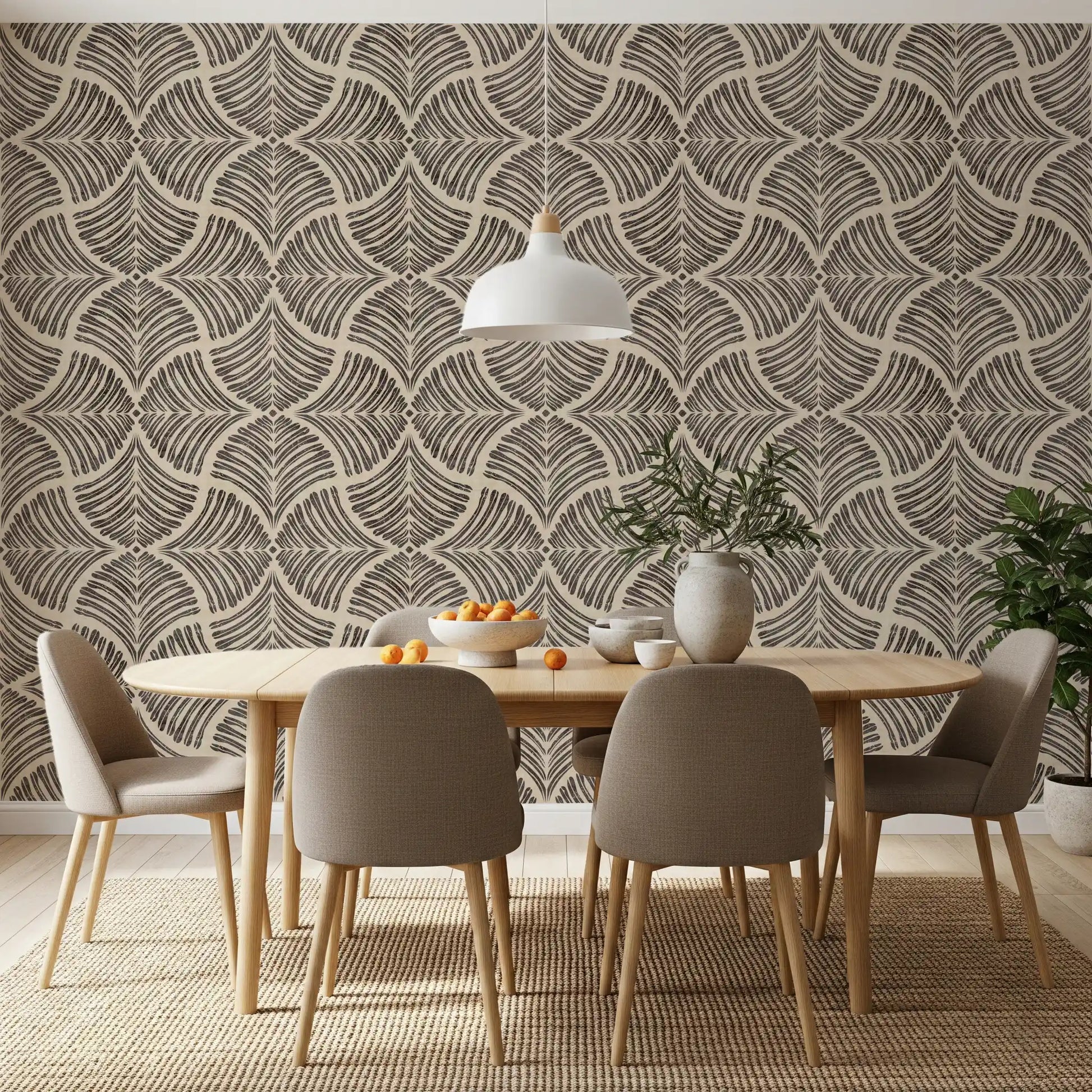 Dark brown Japandi wallpaper, charcoal scallops fan motifs on a creamy backdrop.