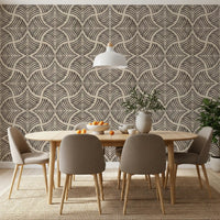 Dark brown Japandi wallpaper, charcoal scallops fan motifs on a creamy backdrop.