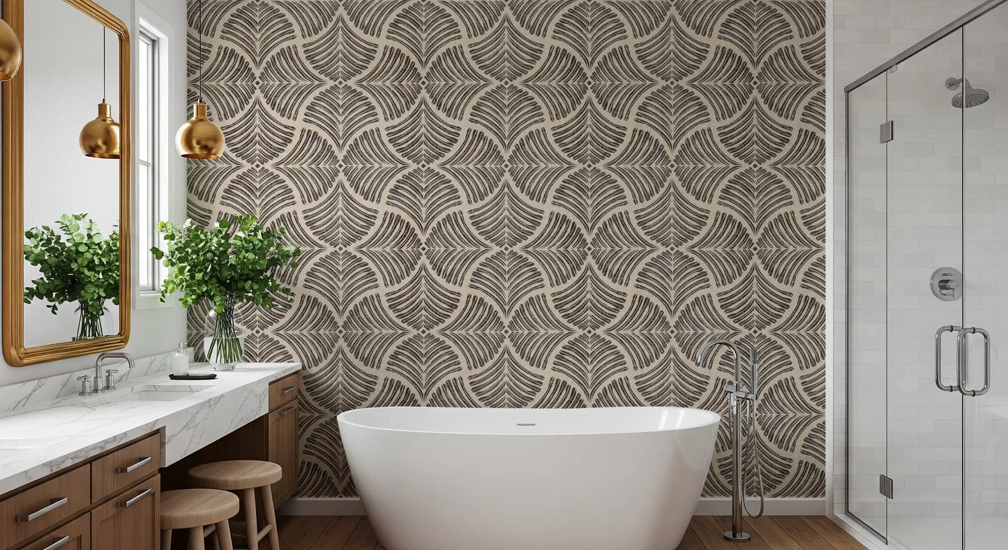 Bold fan curves etch this dark brown Japandi minimalist wallpaper sample.