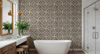Bold fan curves etch this dark brown Japandi minimalist wallpaper sample.