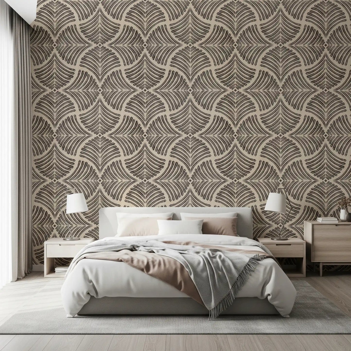 A Bedroom sharpens its mood with this dark brown scallops fan Japandi wallpaper.