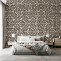 A Bedroom sharpens its mood with this dark brown scallops fan Japandi wallpaper.
