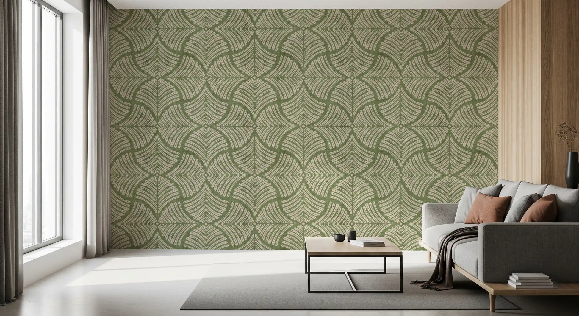 Botanical fern shapes wave across this moss green scallops fan Japandi wallpaper., GD9643