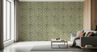 Botanical fern shapes wave across this moss green scallops fan Japandi wallpaper., GD9643