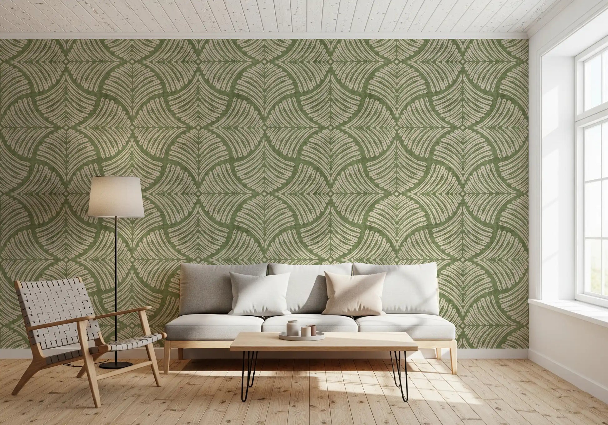 A Living room mellows with this moss green scallops fan Japandi wallpaper., GD9643
