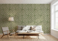 A Living room mellows with this moss green scallops fan Japandi wallpaper., GD9643