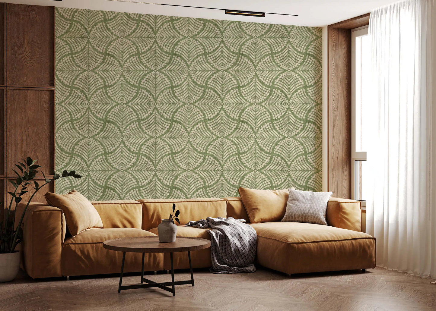 Moss green Japandi wallpaper, textured scallops fan motifs on a creamy backdrop., GD9643