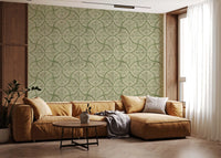 Moss green Japandi wallpaper, textured scallops fan motifs on a creamy backdrop., GD9643