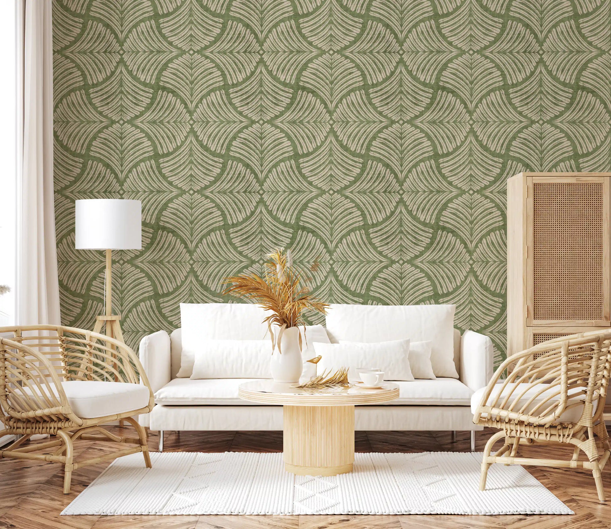 Textured scallops fan motifs enrich a Hallway in moss green Japandi wallpaper., GD9643