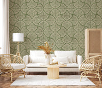Textured scallops fan motifs enrich a Hallway in moss green Japandi wallpaper., GD9643