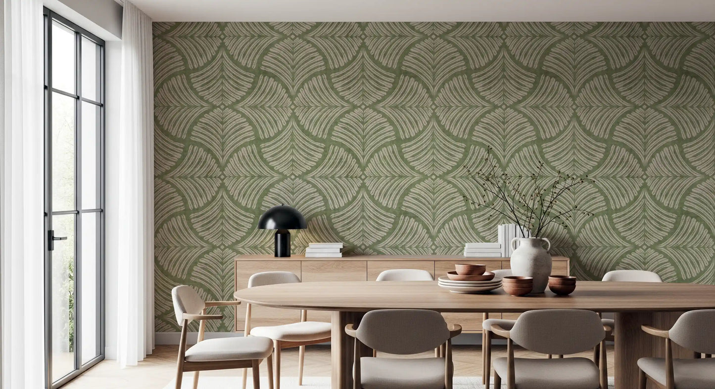 Cream backdrop wraps moss green scallops fan motifs on this Japandi textured wallpaper., GD9643