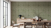 Cream backdrop wraps moss green scallops fan motifs on this Japandi textured wallpaper., GD9643