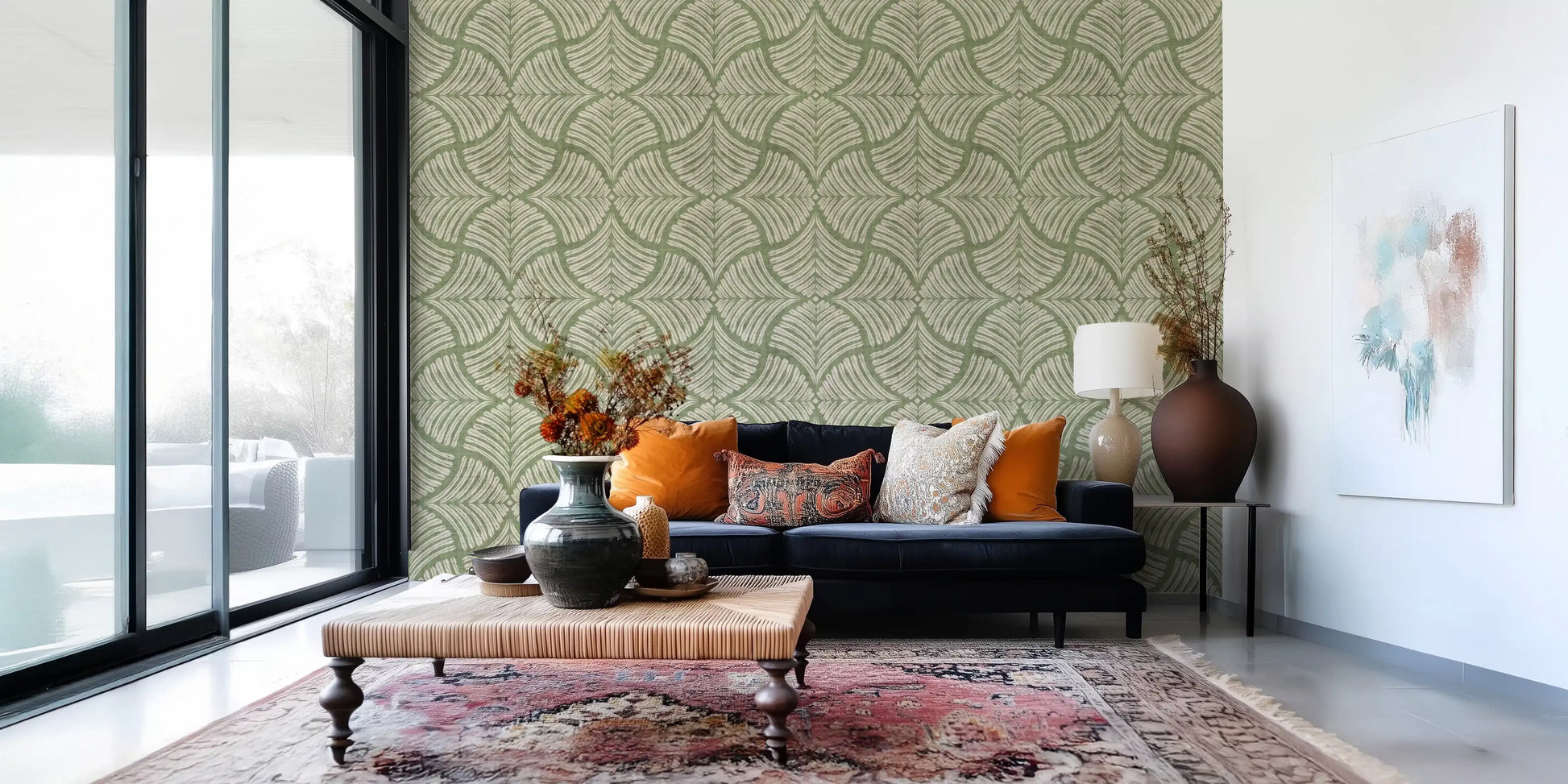 Sage moss tones cascade through this textured scallops fan Japandi minimalist wallpaper., GD9643
