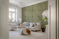 Textured scallops fan motifs enrich a Living room in moss green Japandi wallpaper., GD9643