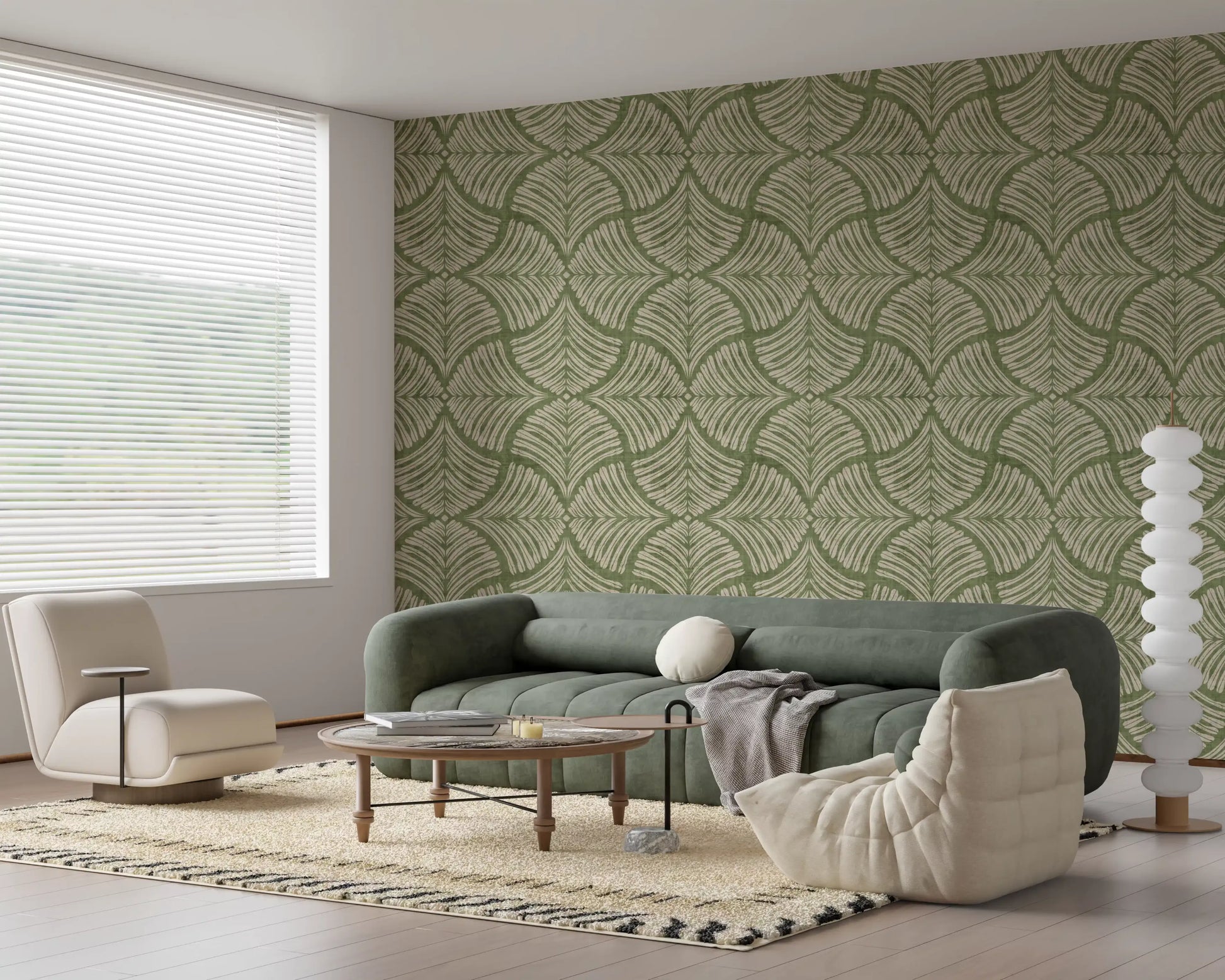 A hallway flourishes under moss green textured scallops fan Japandi wallpaper., GD9643