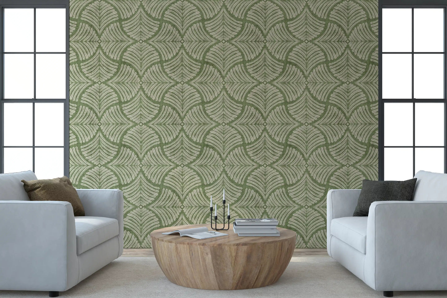 A modern living room earns botanical calm from this moss green scallops fan wallpaper., GD9643