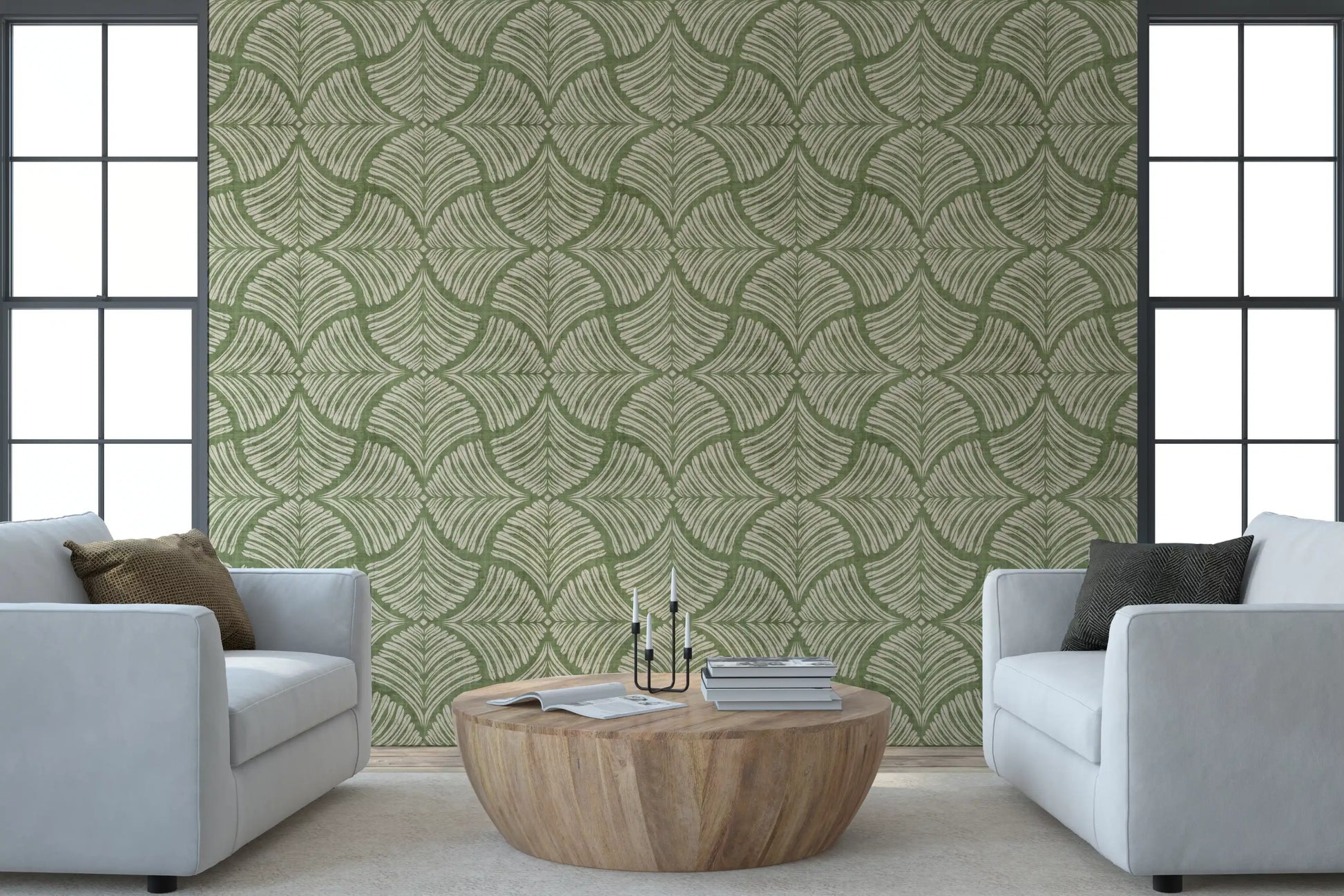 A modern living room earns botanical calm from this moss green scallops fan wallpaper., GD9643