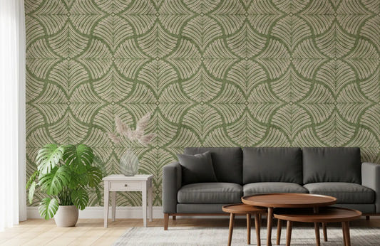 Moss green textured scallops fan motif renews a living room with this Japandi wallpaper.