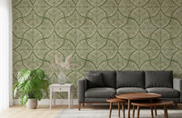 Moss green textured scallops fan motif renews a living room with this Japandi wallpaper., GD9643