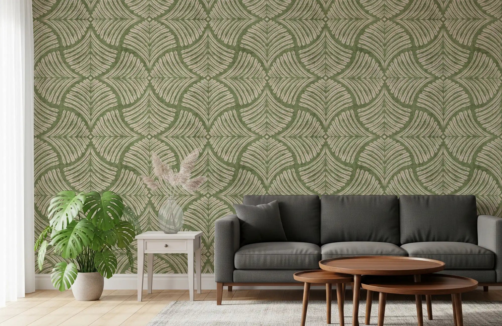 Moss green textured scallops fan motif renews a living room with this Japandi wallpaper., GD9643