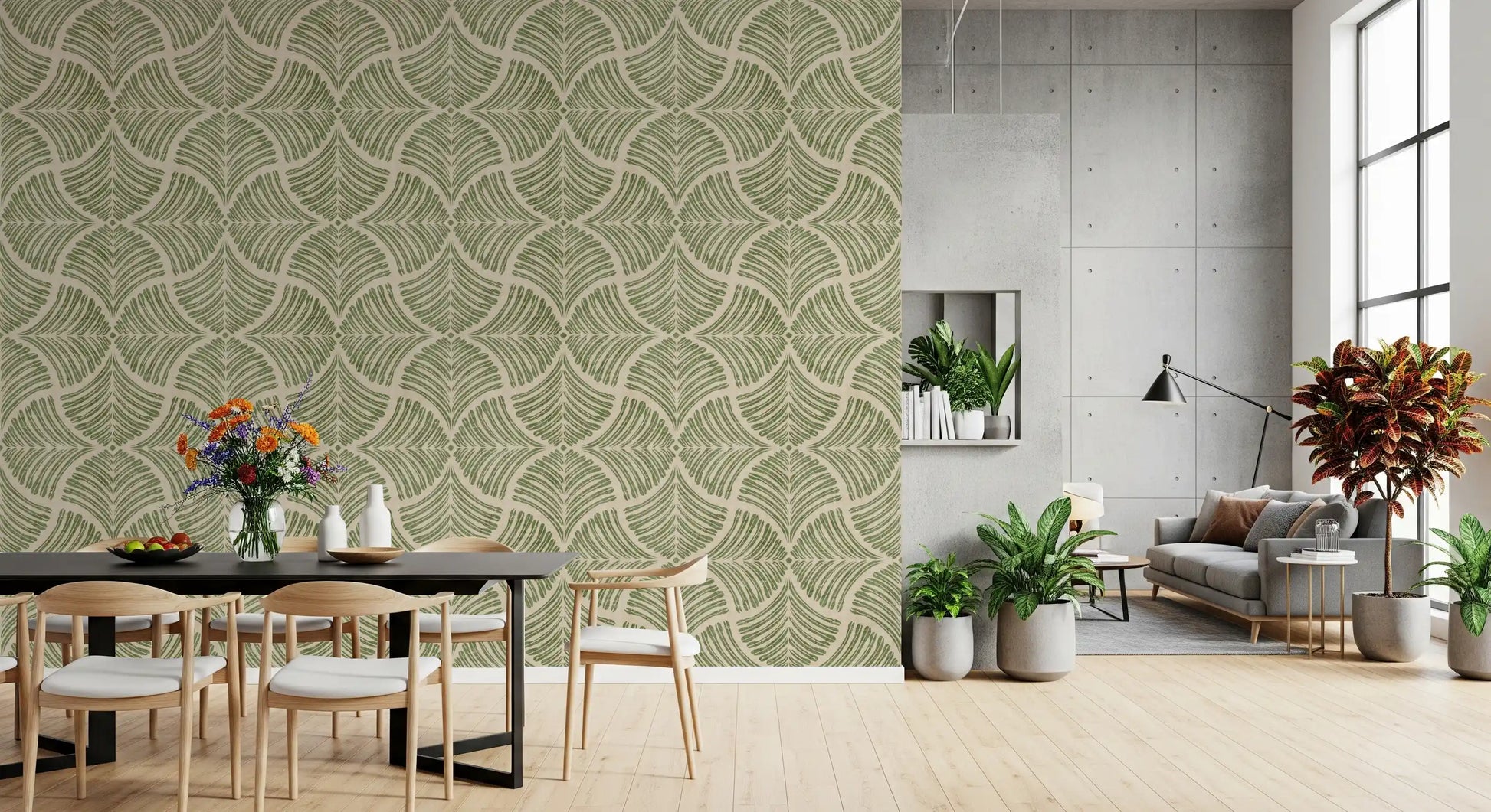 A Dining room blossoms with this muted green scallop fan Japandi wallpaper., GD9644