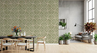 A Dining room blossoms with this muted green scallop fan Japandi wallpaper., GD9644
