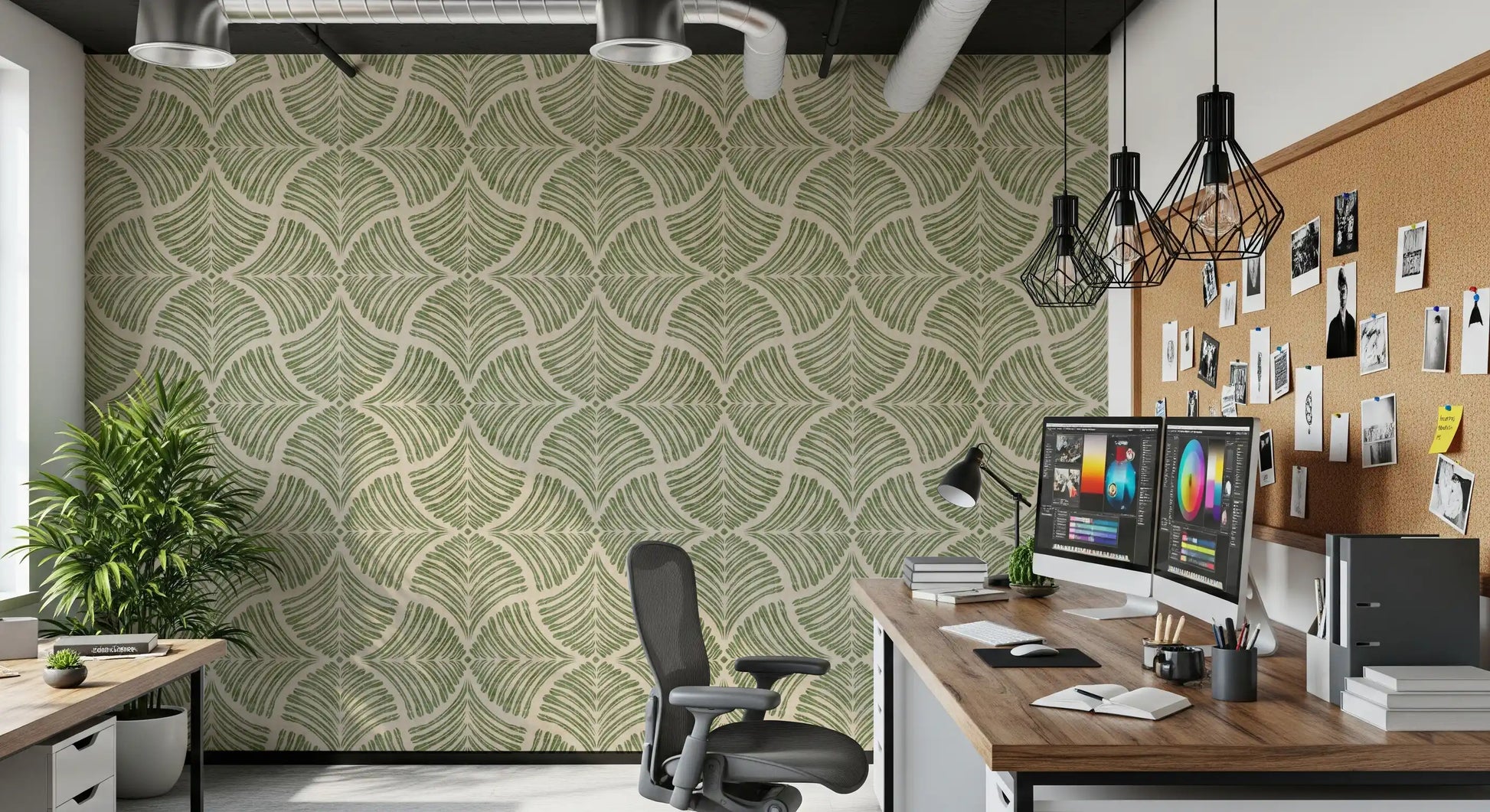 Green-toned motifs ripple symmetrically on this calm Japandi wallpaper backdrop., GD9644