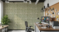 Green-toned motifs ripple symmetrically on this calm Japandi wallpaper backdrop., GD9644