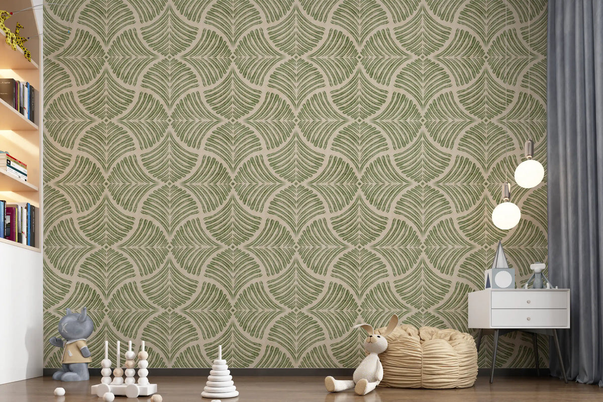Sage scallop fans plant a fresh feel into a Nursery with this Japandi wallpaper., GD9644