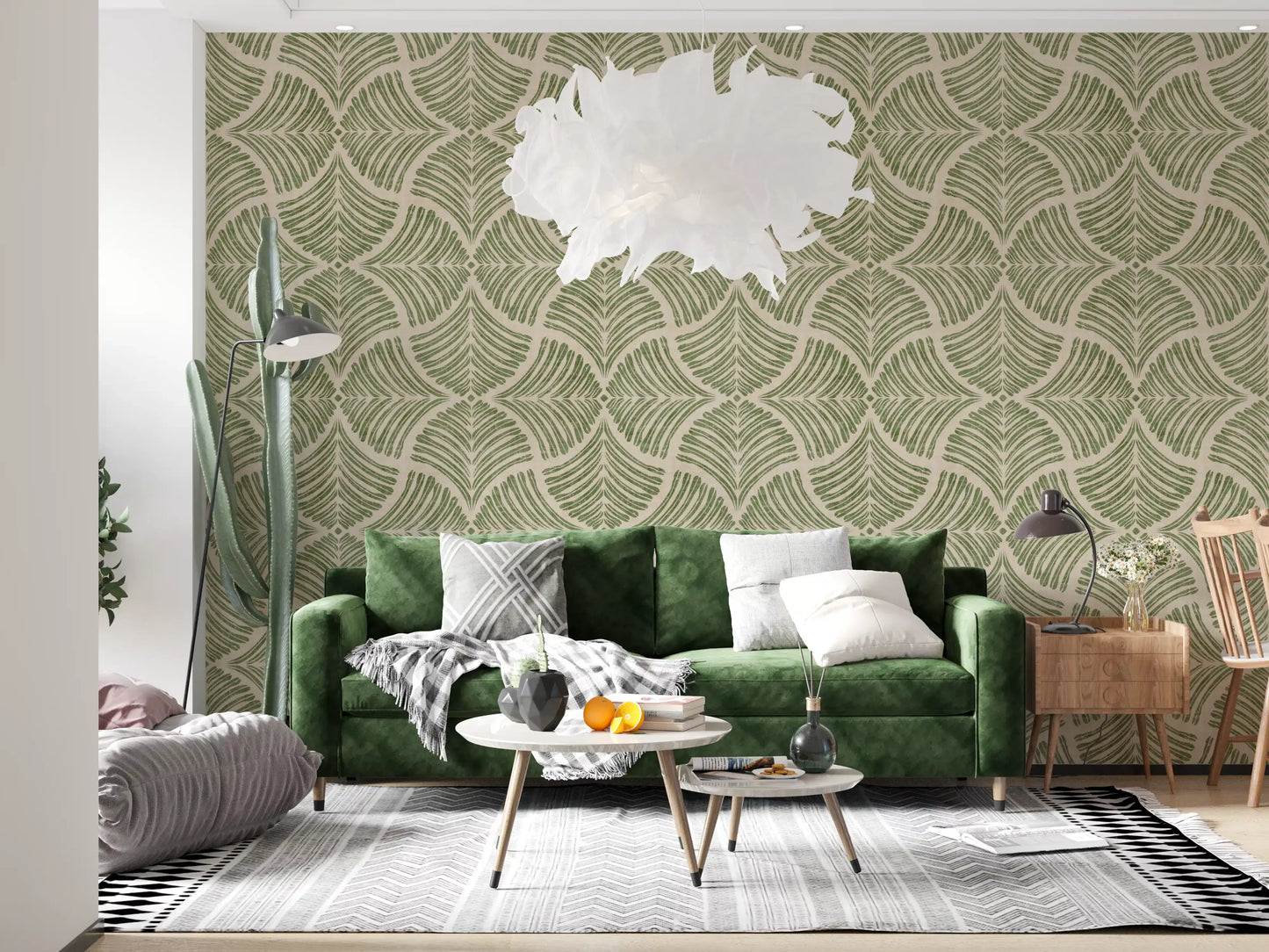 Cream backdrop tones the muted green of this scallop fan Japandi wallpaper., GD9644