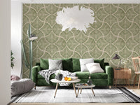 Cream backdrop tones the muted green of this scallop fan Japandi wallpaper., GD9644