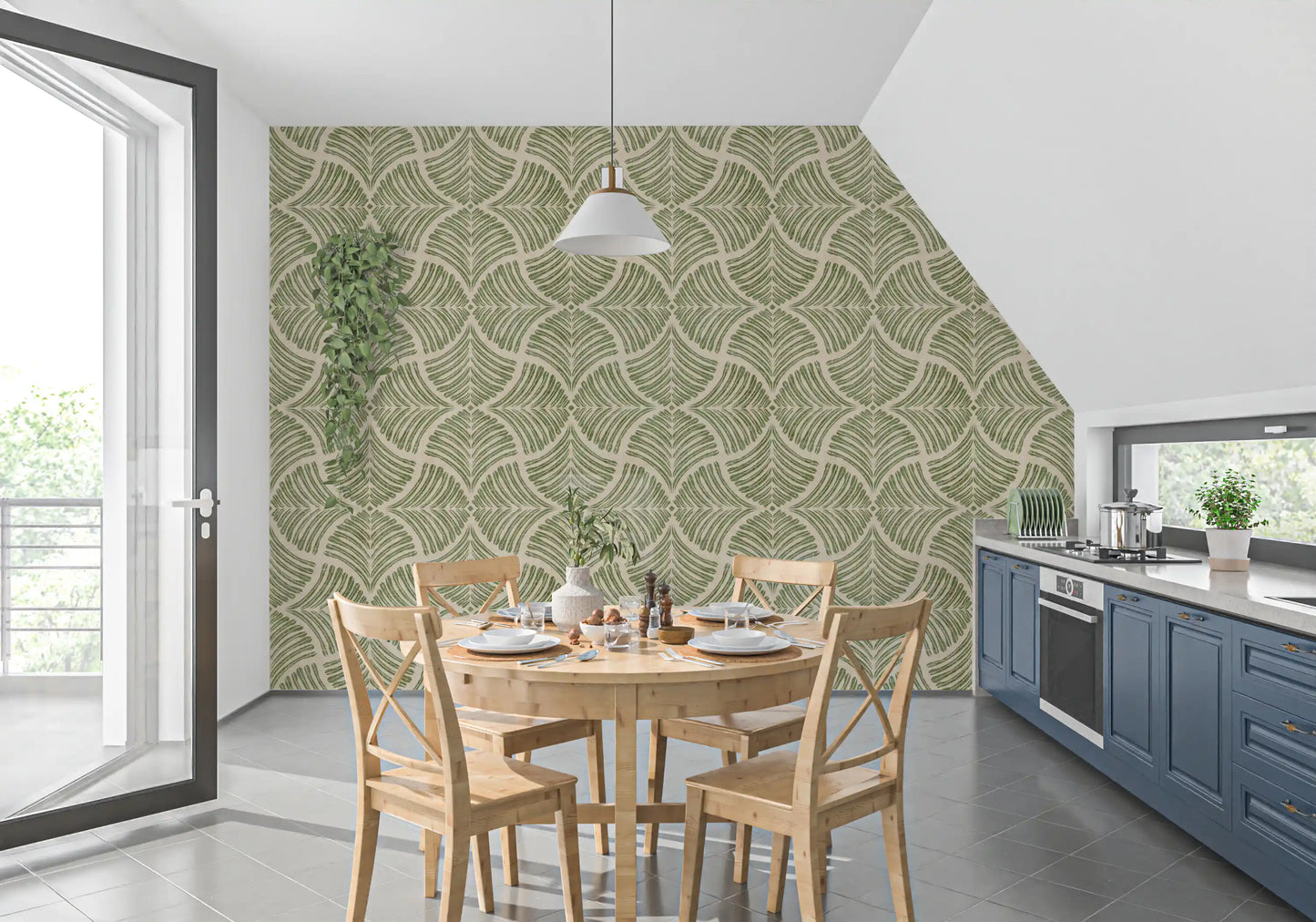 Muted green scallop fans unfold across this Japandi minimalist wallpaper., GD9644